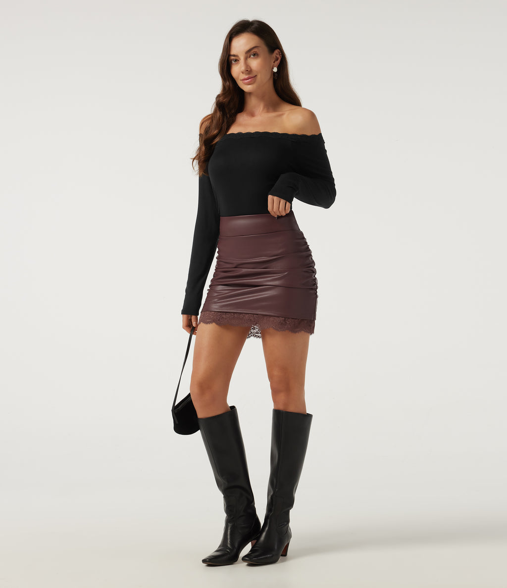 High Waisted Tummy Control Ruched Contrast Lace 2-in-1 Fleece PU Mini Bodycon Skirt — Red Mahogany — view 6