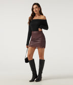 High Waisted Tummy Control Ruched Contrast Lace 2-in-1 Fleece PU Mini Bodycon Skirt — Red Mahogany — view 6