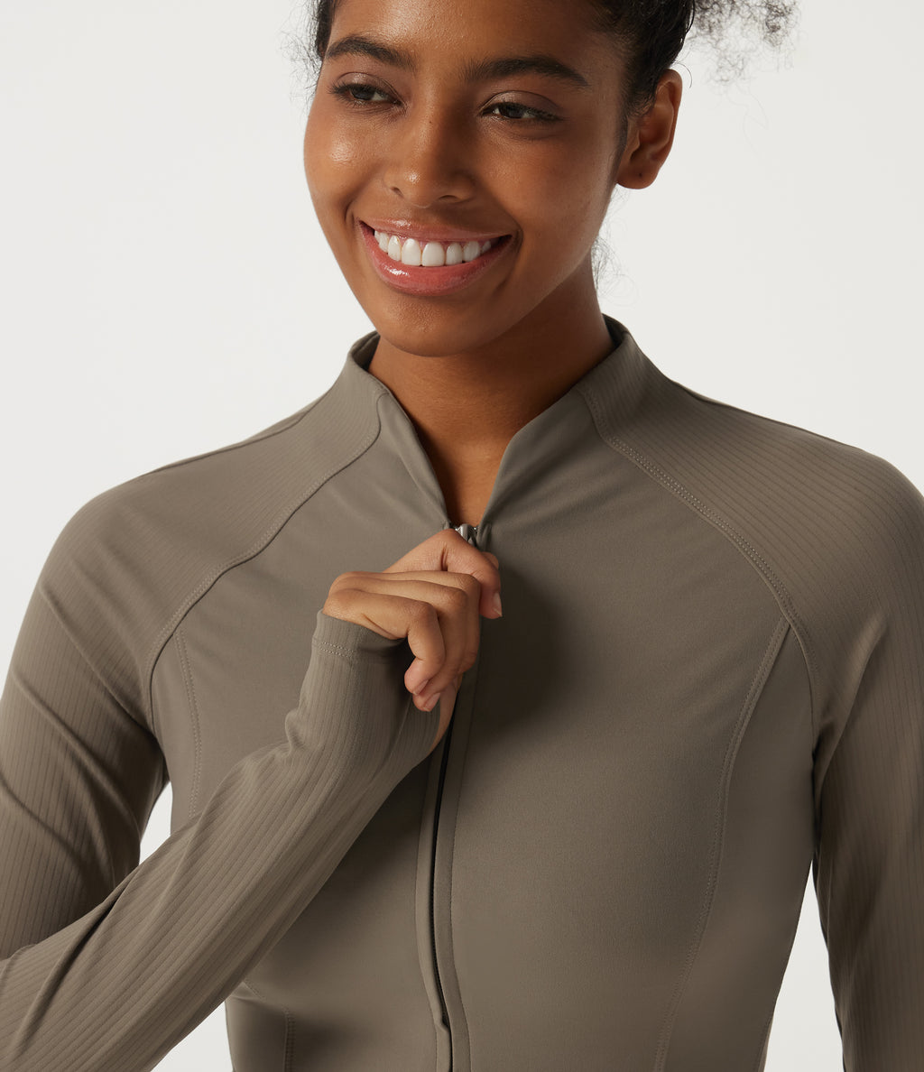 Mock Neck Long Sleeve Yoga Curvy Jacket with Thumbholes and Pockets — Dawn Brown — view 5