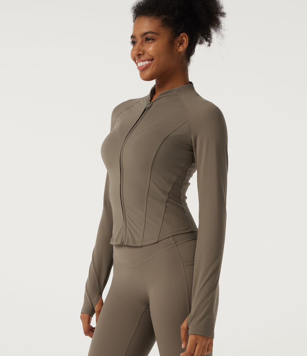 Mock Neck Long Sleeve Yoga Curvy Jacket with Thumbholes and Pockets — Dawn Brown — view 4