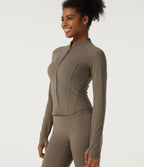 Mock Neck Long Sleeve Yoga Curvy Jacket with Thumbholes and Pockets — Dawn Brown — view 4