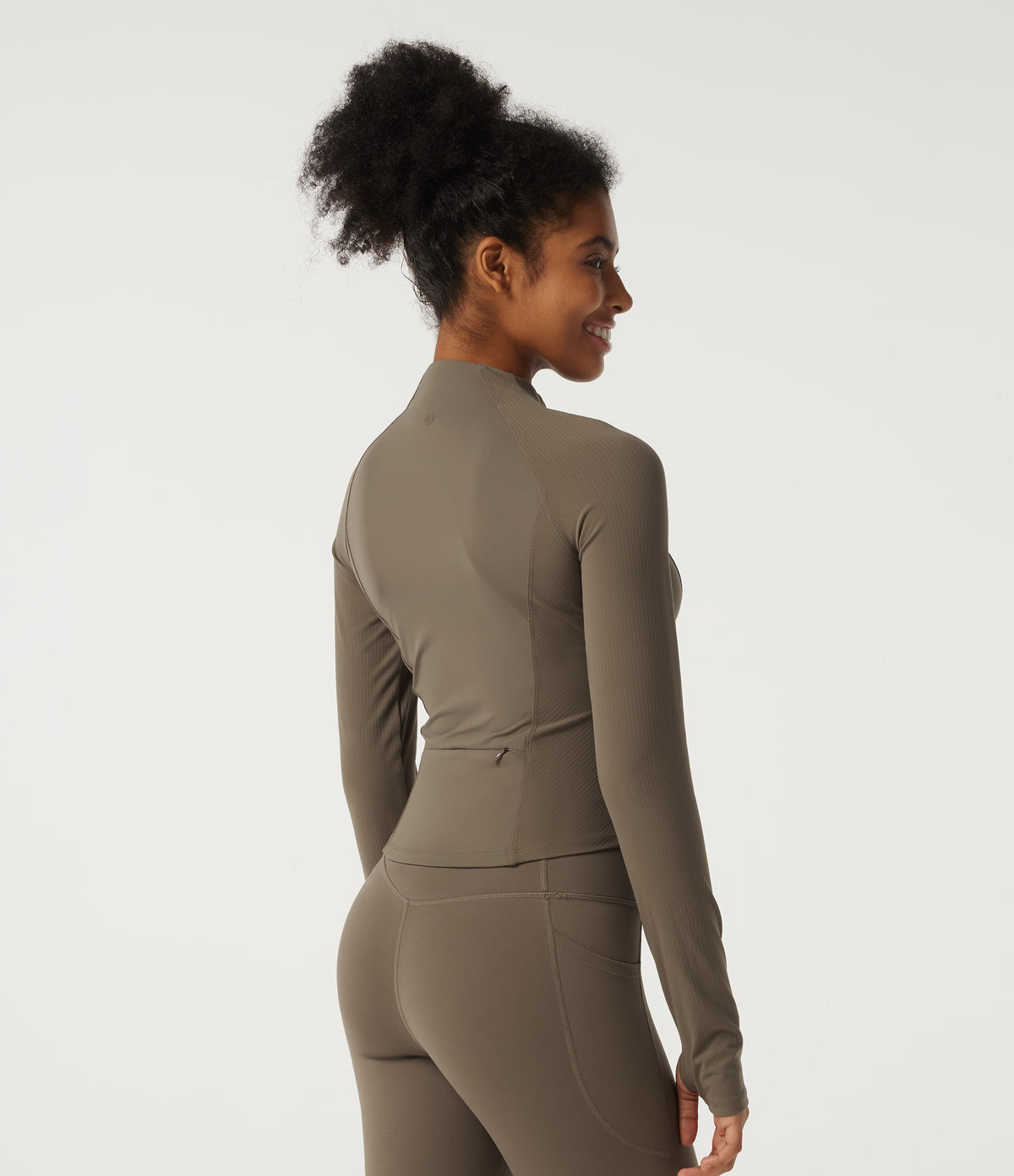 Mock Neck Long Sleeve Yoga Curvy Jacket with Thumbholes and Pockets — Dawn Brown — view 2