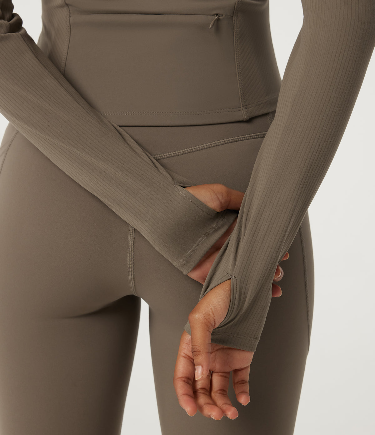 Mock Neck Long Sleeve Yoga Curvy Jacket with Thumbholes and Pockets — Dawn Brown — view 8