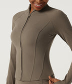 Mock Neck Long Sleeve Yoga Curvy Jacket with Thumbholes and Pockets — Dawn Brown — view 6
