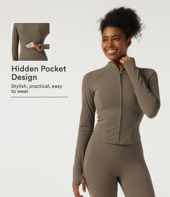 Mock Neck Long Sleeve Yoga Curvy Jacket with Thumbholes and Pockets — Dawn Brown — view 1