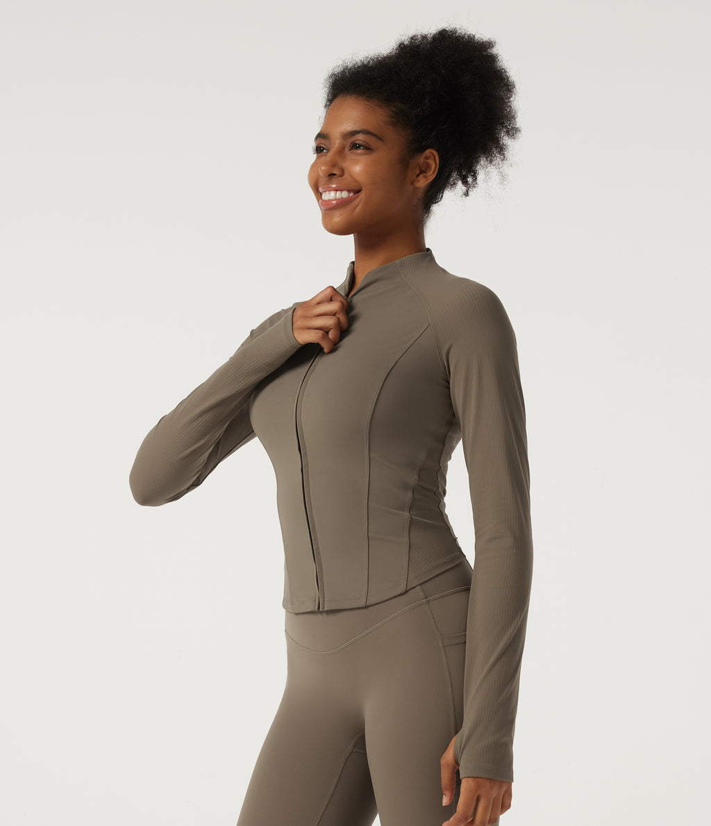 Mock Neck Long Sleeve Yoga Curvy Jacket with Thumbholes and Pockets — Dawn Brown — view 3