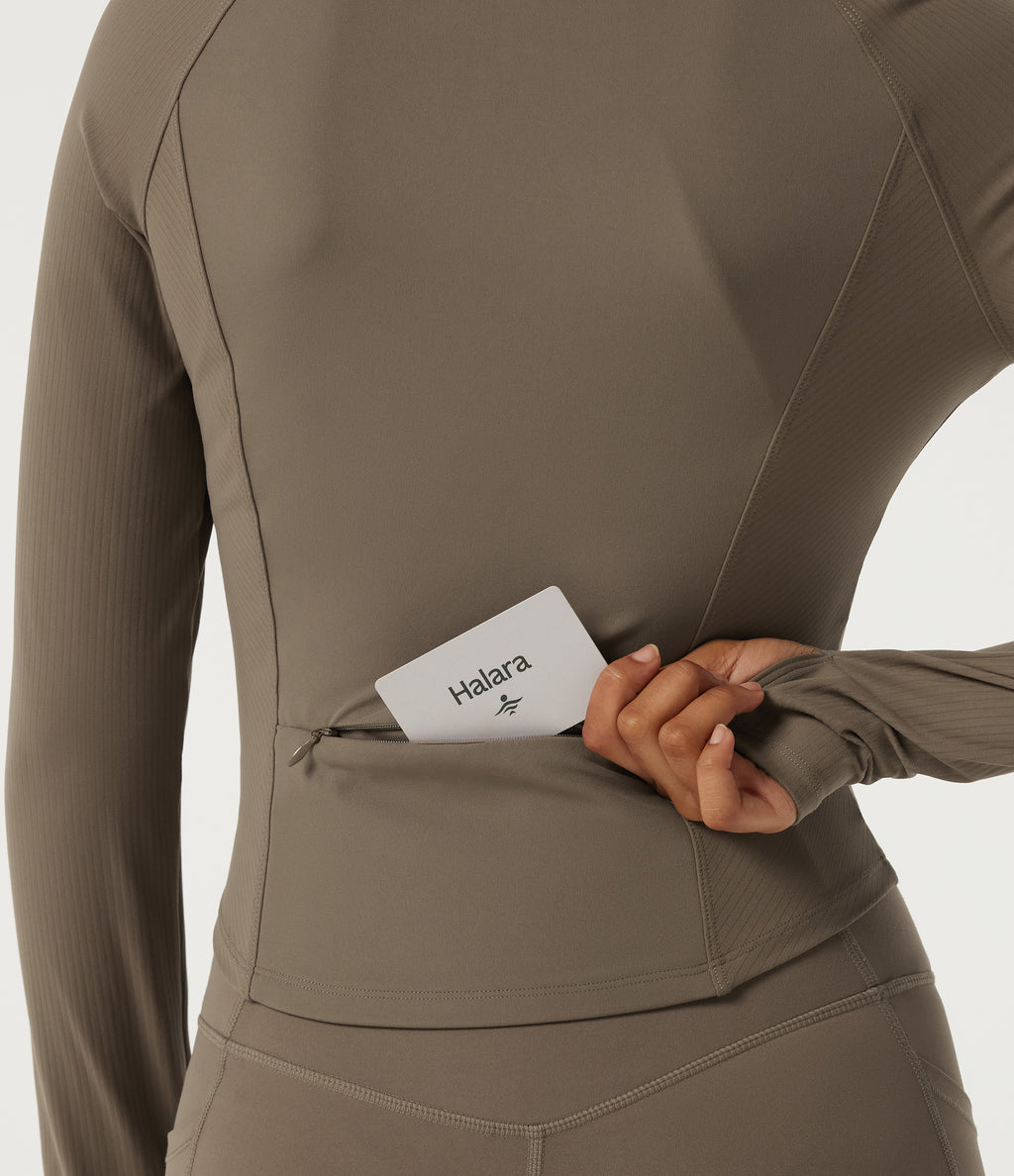 Mock Neck Long Sleeve Yoga Curvy Jacket with Thumbholes and Pockets — Dawn Brown — view 7