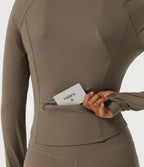 Mock Neck Long Sleeve Yoga Curvy Jacket with Thumbholes and Pockets — Dawn Brown — view 7