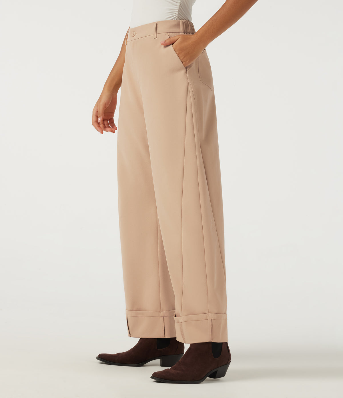 Mid Rise Barrel Leg Rolled Hem Casual Trousers with Pockets — Candied Ginger — view 3
