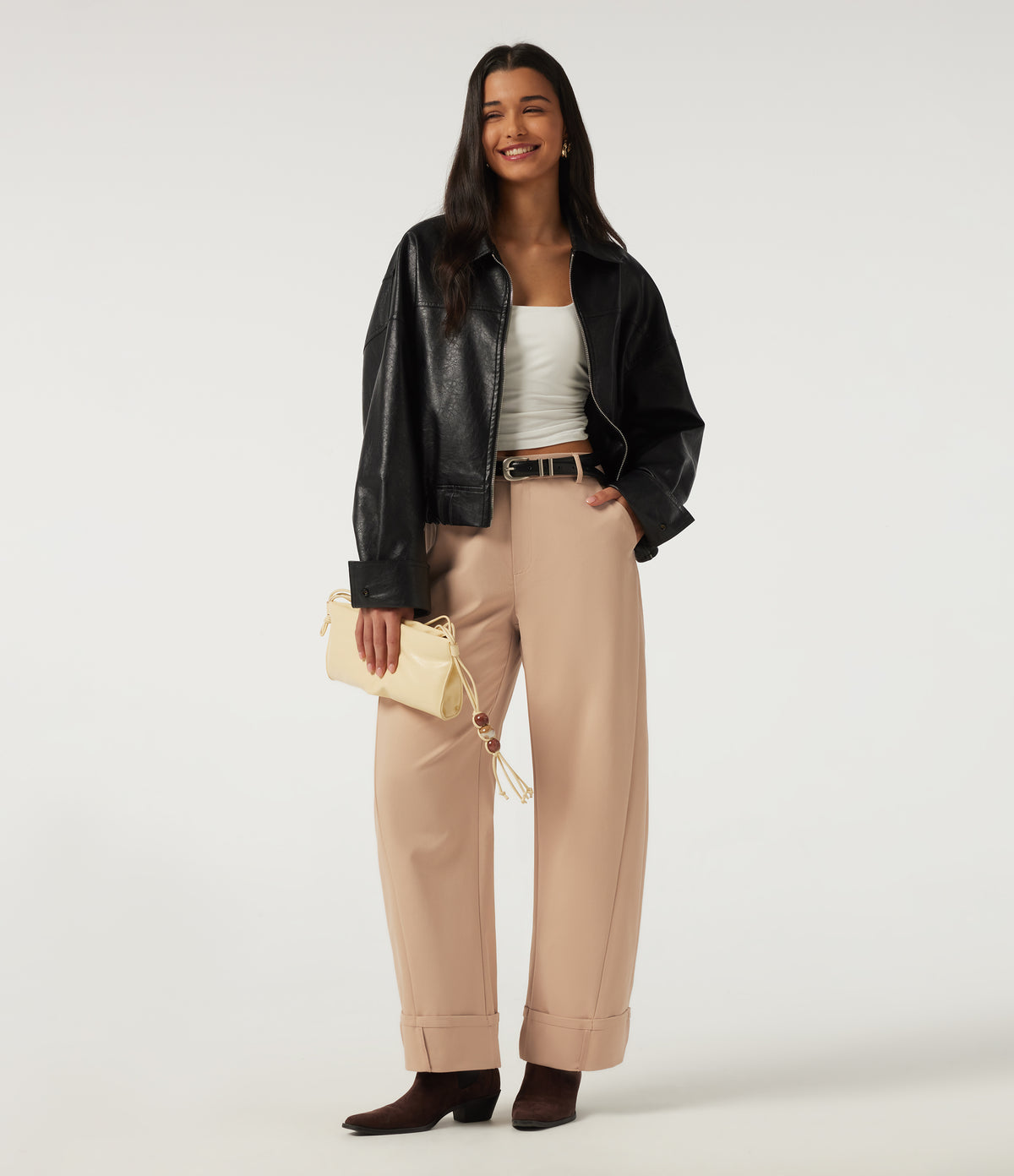 Mid Rise Barrel Leg Rolled Hem Casual Trousers with Pockets — Candied Ginger — view 8