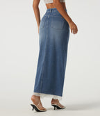 High Waisted Contrast Lace Denim Casual Cotton Maxi Pencil Skirt with Pockets — Tide Blue Denim — view 2