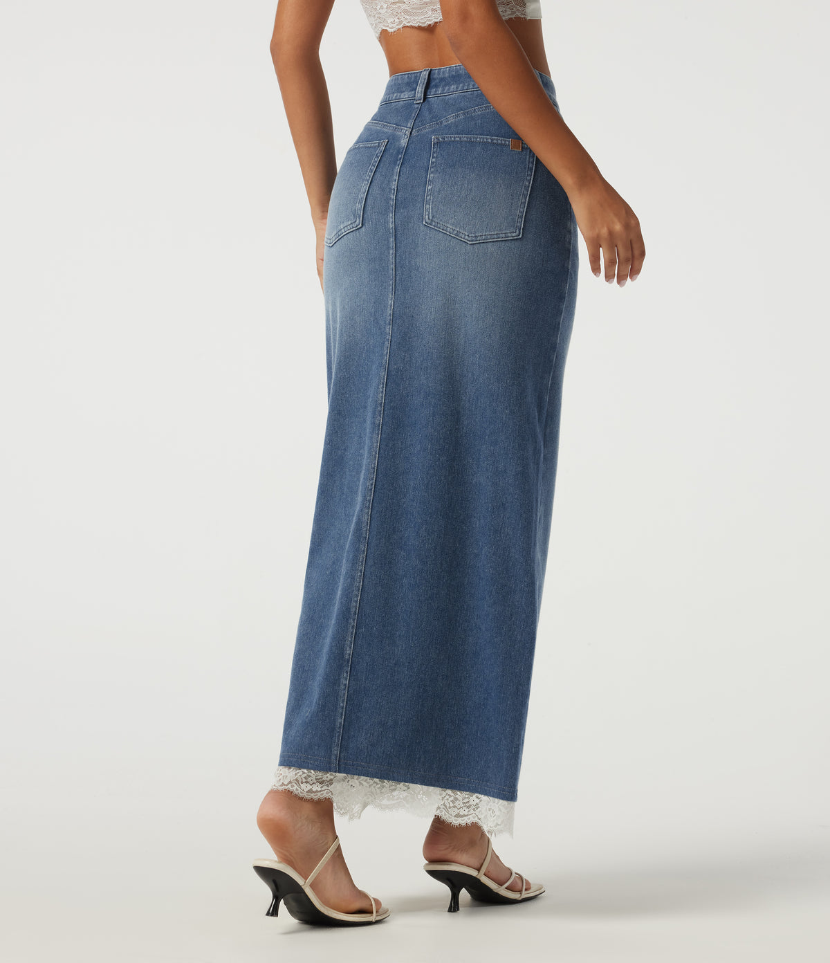 High Waisted Contrast Lace Denim Casual Cotton Maxi Pencil Skirt with Pockets — Tide Blue Denim — view 2