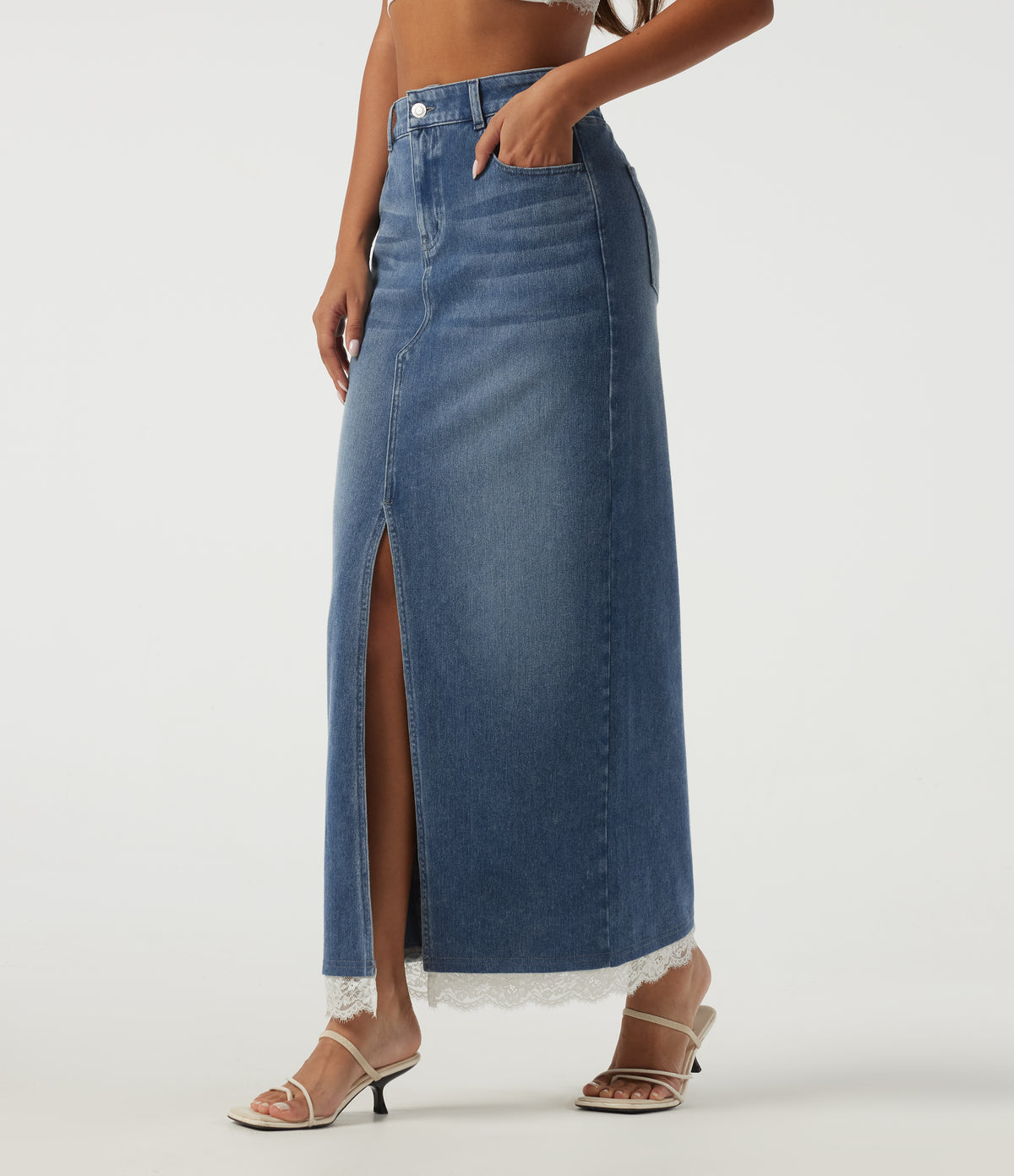 High Waisted Contrast Lace Denim Casual Cotton Maxi Pencil Skirt with Pockets — Tide Blue Denim — view 3