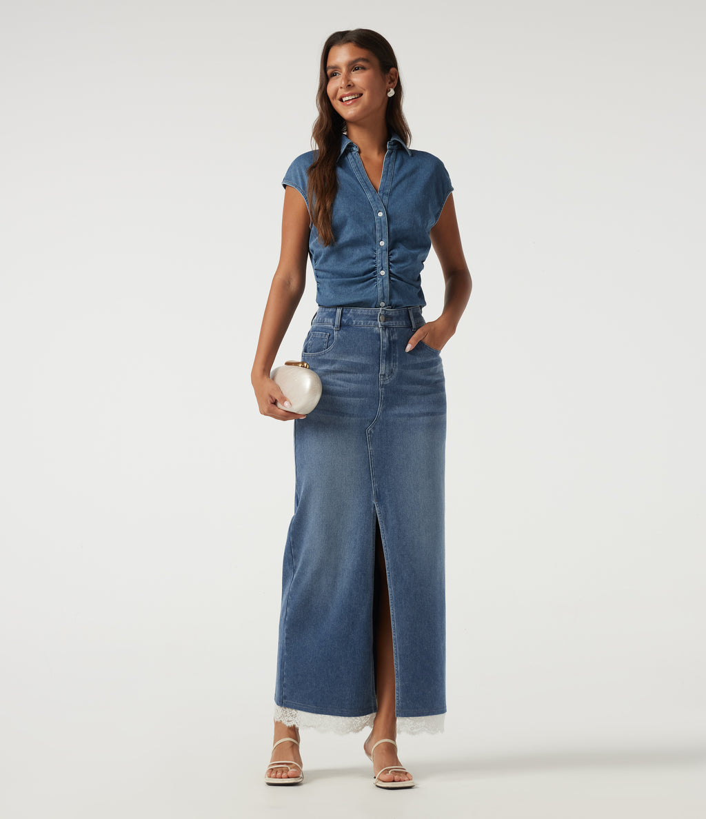High Waisted Contrast Lace Denim Casual Cotton Maxi Pencil Skirt with Pockets — Tide Blue Denim — view 8