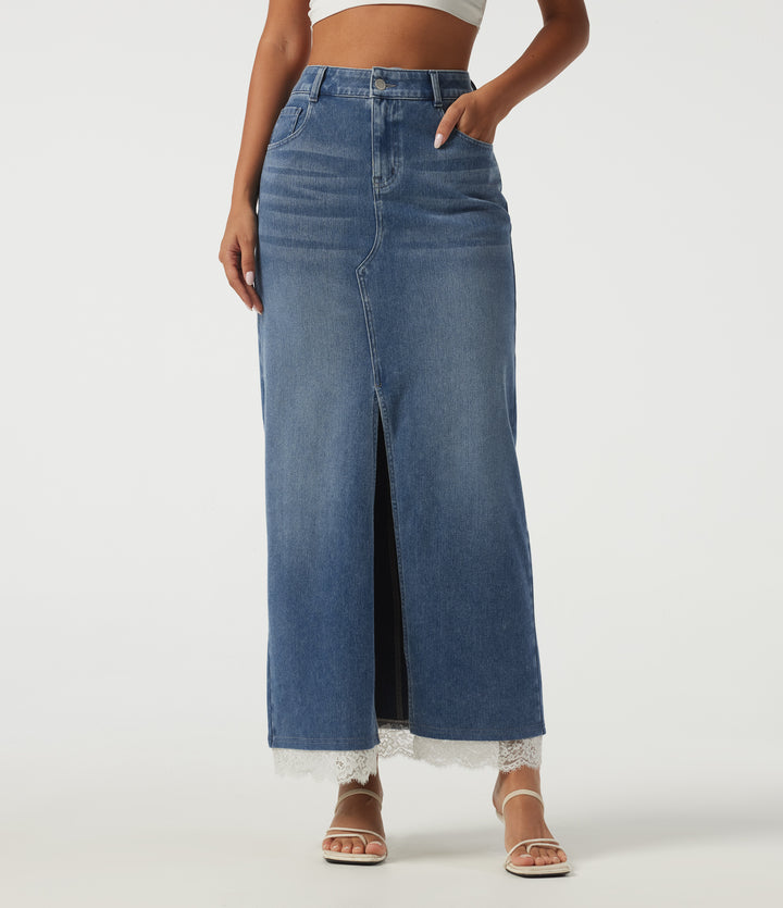 High Waisted Contrast Lace Denim Casual Cotton Maxi Pencil Skirt with Pockets — Tide Blue Denim — view 1