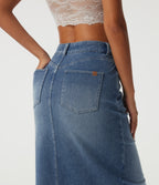 High Waisted Contrast Lace Denim Casual Cotton Maxi Pencil Skirt with Pockets — Tide Blue Denim — view 5