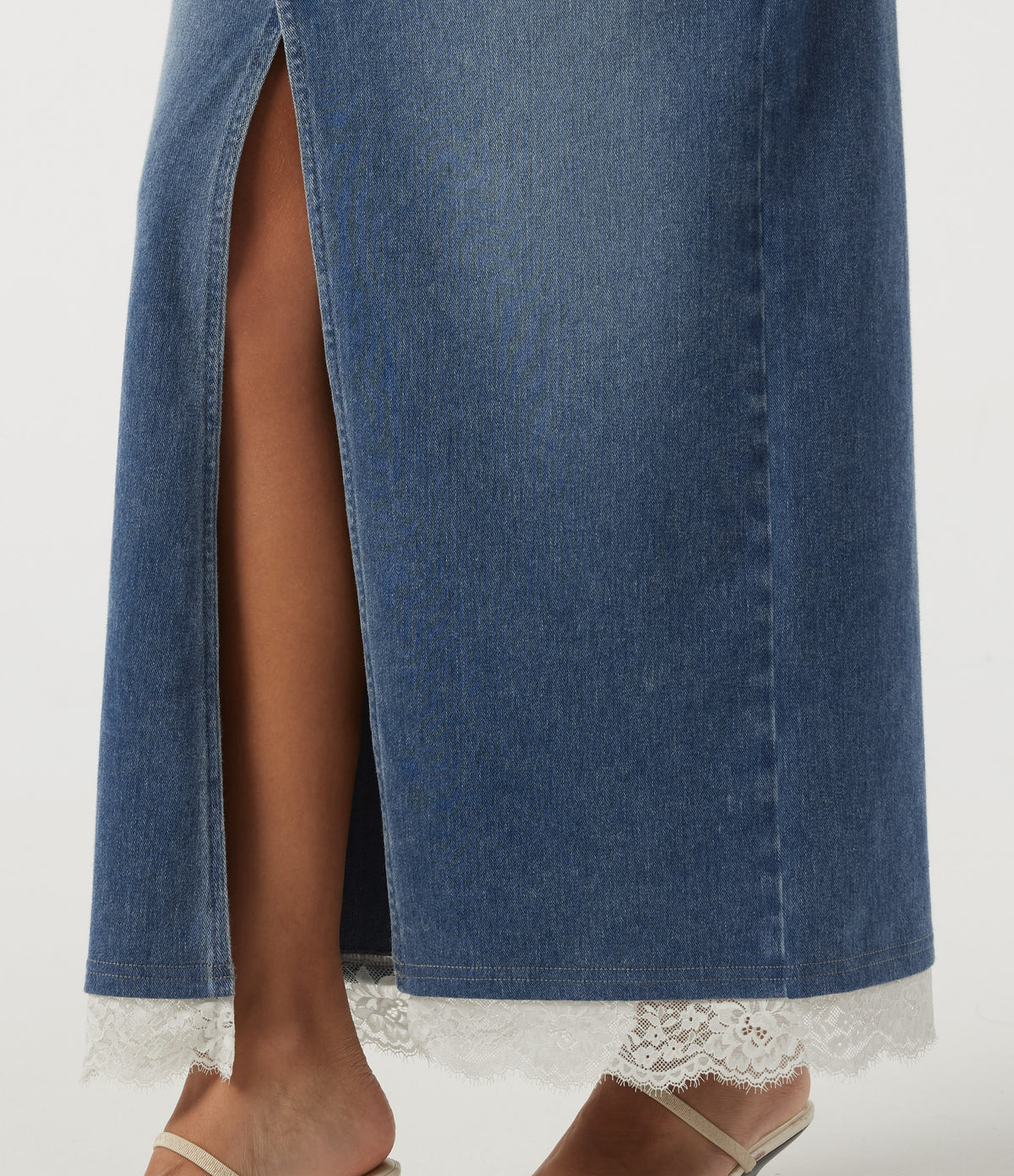High Waisted Contrast Lace Denim Casual Cotton Maxi Pencil Skirt with Pockets — Tide Blue Denim — view 6