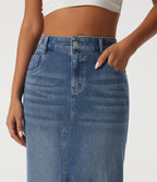 High Waisted Contrast Lace Denim Casual Cotton Maxi Pencil Skirt with Pockets — Tide Blue Denim — view 4