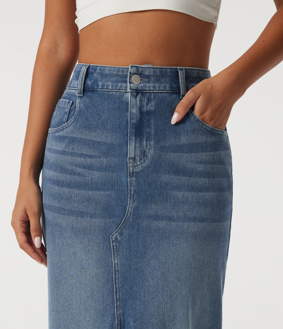 High Waisted Contrast Lace Denim Casual Cotton Maxi Pencil Skirt with Pockets — Tide Blue Denim — view 4