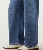 Mid Rise Barrel Leg Casual Cotton Jeans with Pockets — Pageant Indigo Denim — view 6