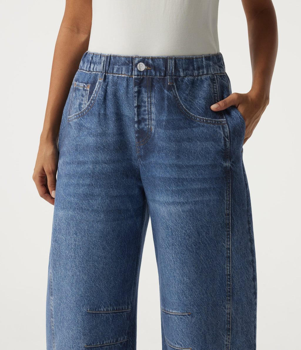 Mid Rise Barrel Leg Casual Cotton Jeans with Pockets — Pageant Indigo Denim — view 4