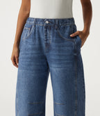 Mid Rise Barrel Leg Casual Cotton Jeans with Pockets — Pageant Indigo Denim — view 4