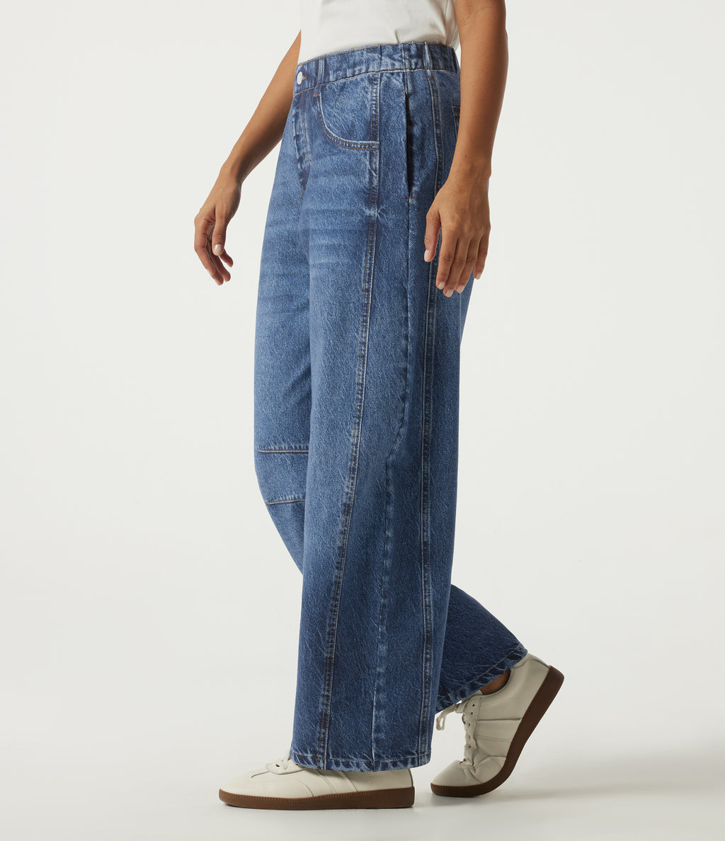 Mid Rise Barrel Leg Casual Cotton Jeans with Pockets — Pageant Indigo Denim — view 3