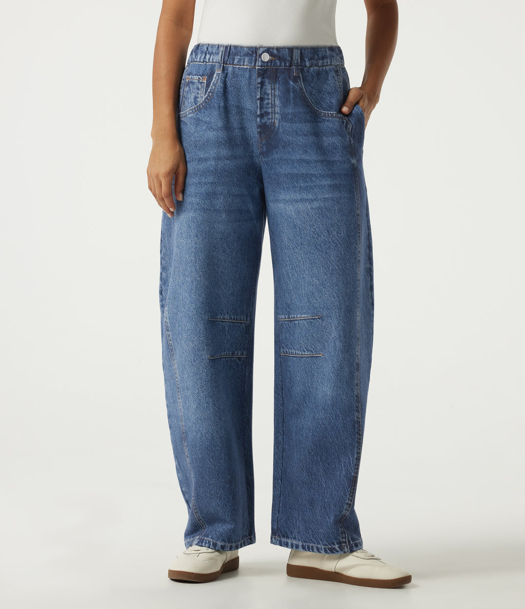 Mid Rise Barrel Leg Casual Cotton Jeans with Pockets — Pageant Indigo Denim — view 1