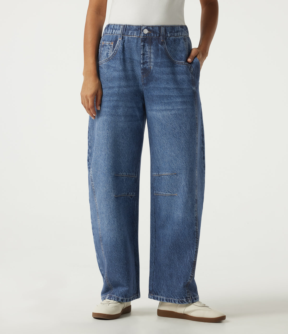 Mid Rise Barrel Leg Casual Cotton Jeans with Pockets — Pageant Indigo Denim — view 1