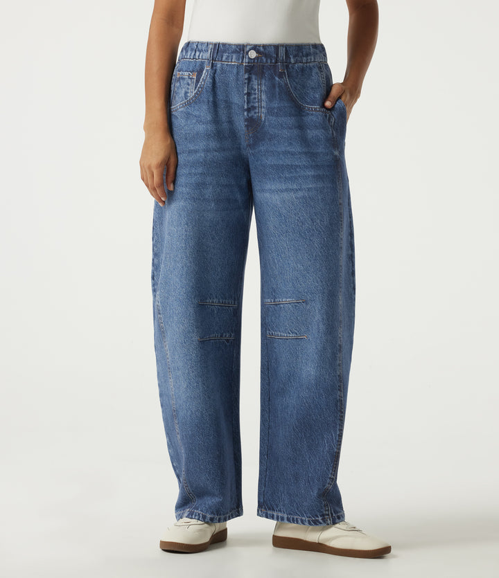 Mid Rise Barrel Leg Casual Cotton Jeans with Pockets — Pageant Indigo Denim — view 1