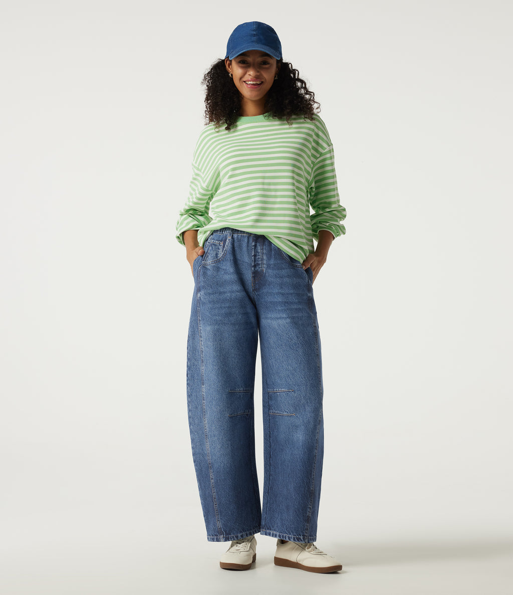 Mid Rise Barrel Leg Casual Cotton Jeans with Pockets — Pageant Indigo Denim — view 8
