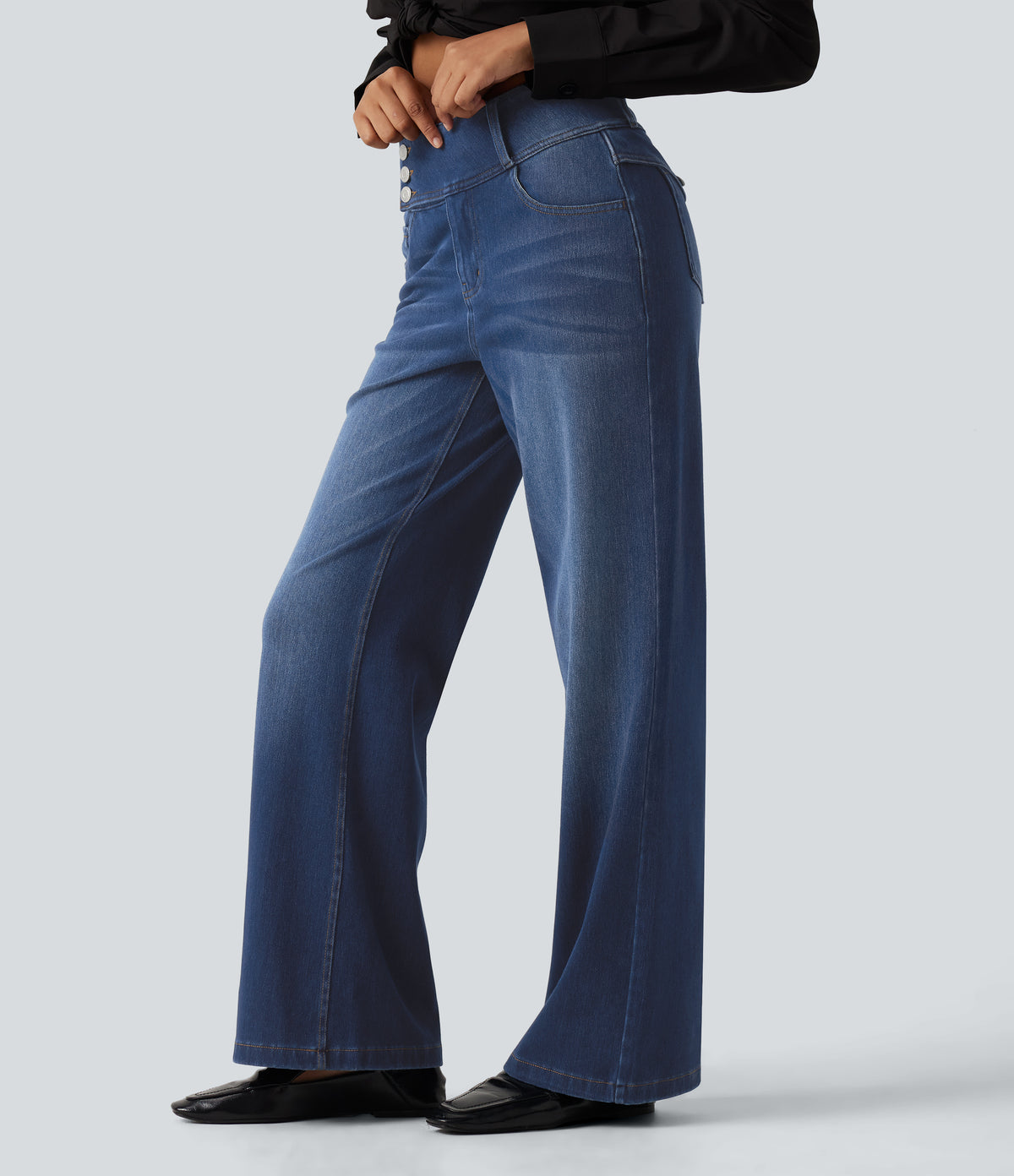 Mid Rise Straight Leg Casual Jeans with Pockets — Estate Blue Denim — view 1