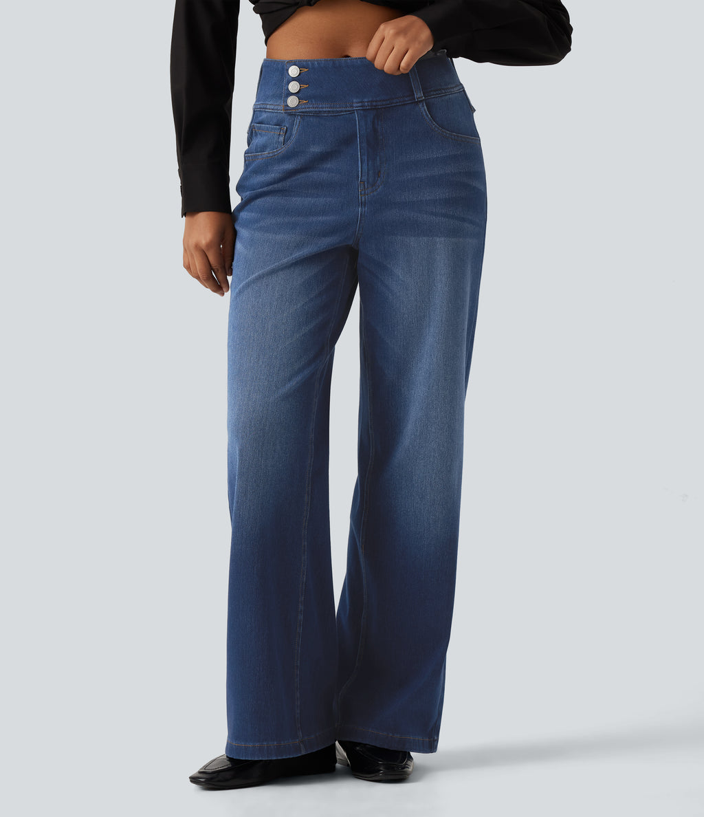 Mid Rise Straight Leg Casual Jeans with Pockets — Estate Blue Denim — view 3