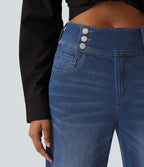 Mid Rise Straight Leg Casual Jeans with Pockets — Estate Blue Denim — view 6