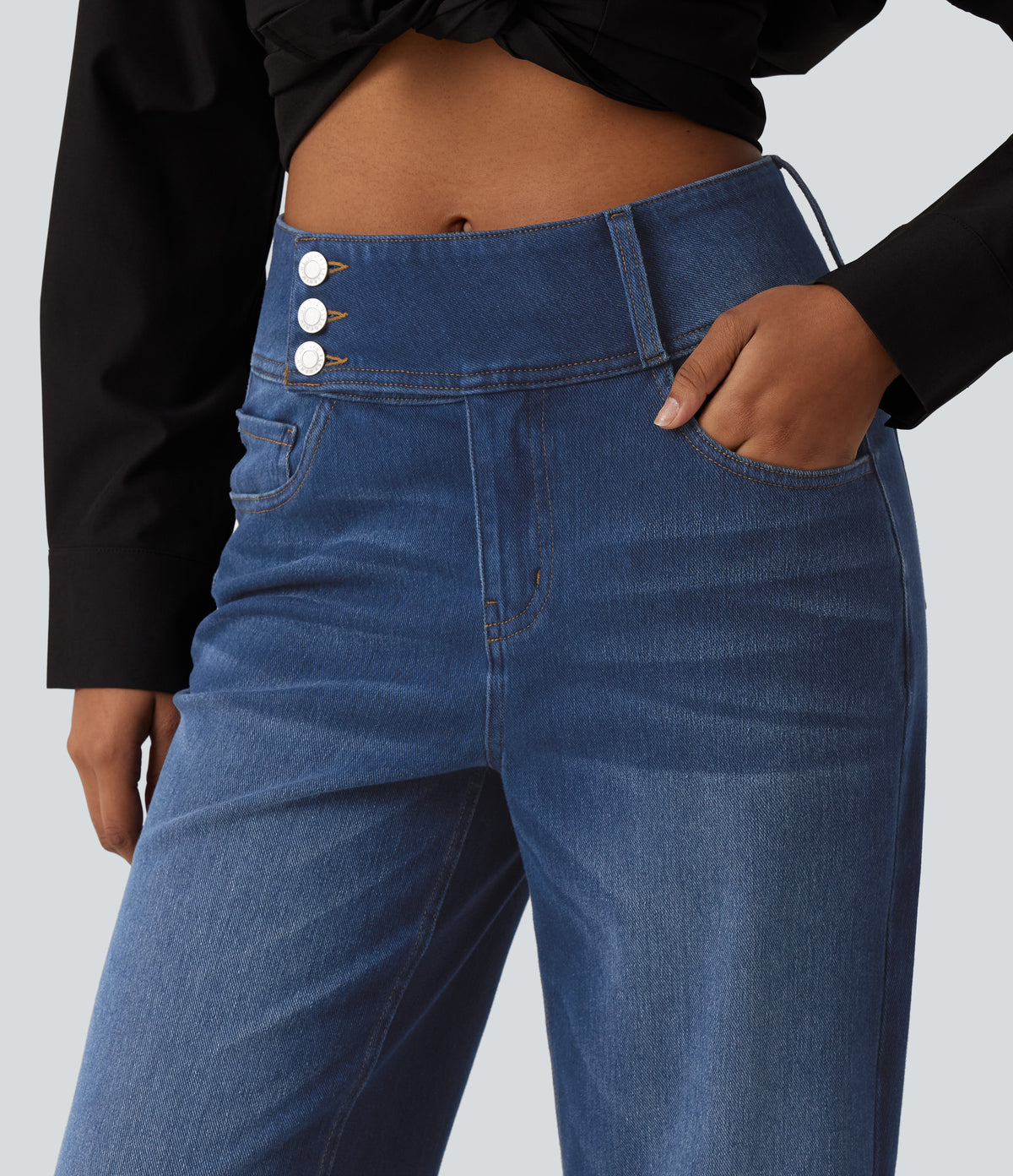 Mid Rise Straight Leg Casual Jeans with Pockets — Estate Blue Denim — view 4