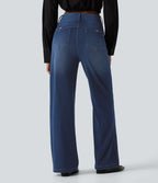 Mid Rise Straight Leg Casual Jeans with Pockets — Estate Blue Denim — view 2