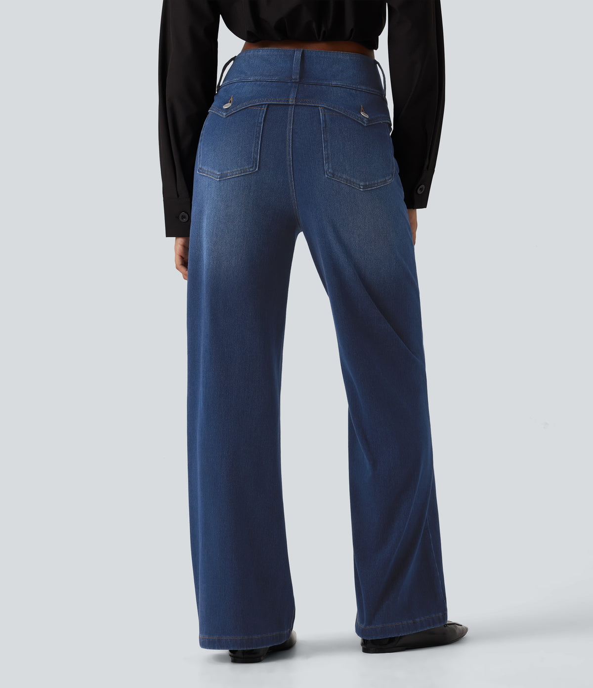 Mid Rise Straight Leg Casual Jeans with Pockets — Estate Blue Denim — view 2