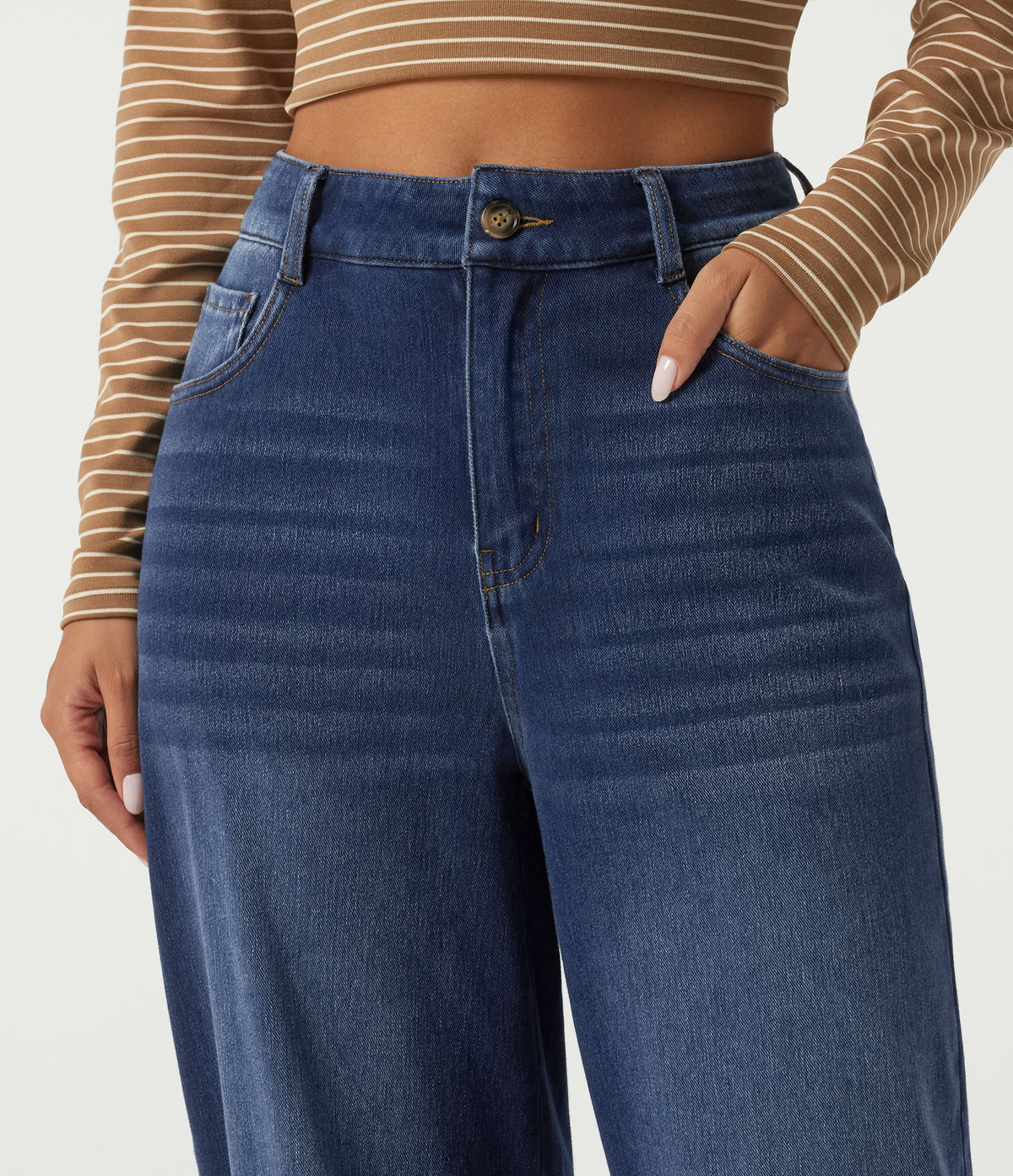 High Waisted Barrel Leg Casual Cotton Jeans with Pockets — Estate Blue Denim — view 4