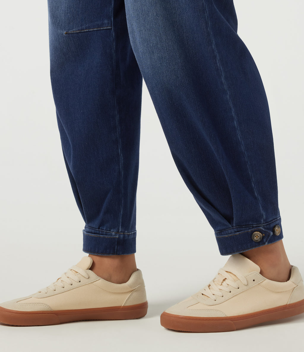 High Waisted Barrel Leg Casual Cotton Jeans with Pockets — Estate Blue Denim — view 6