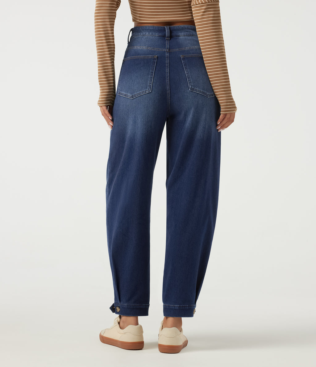 High Waisted Barrel Leg Casual Cotton Jeans with Pockets — Estate Blue Denim — view 2