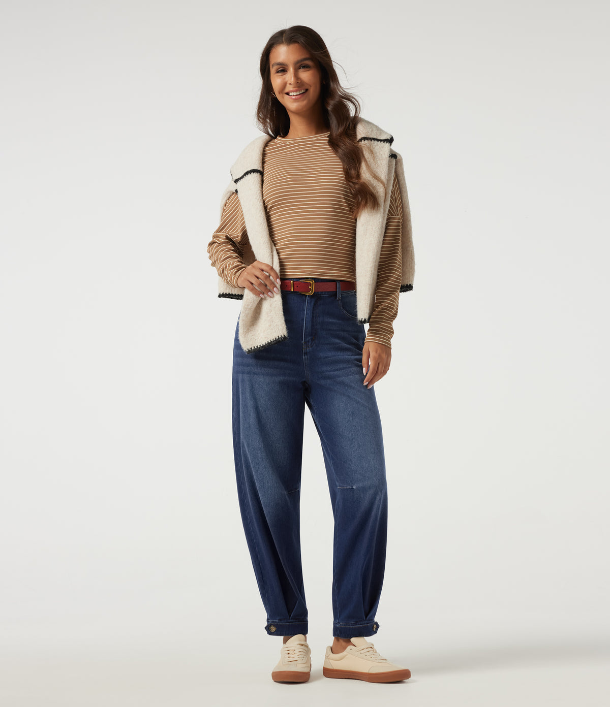 High Waisted Barrel Leg Casual Cotton Jeans with Pockets — Estate Blue Denim — view 8