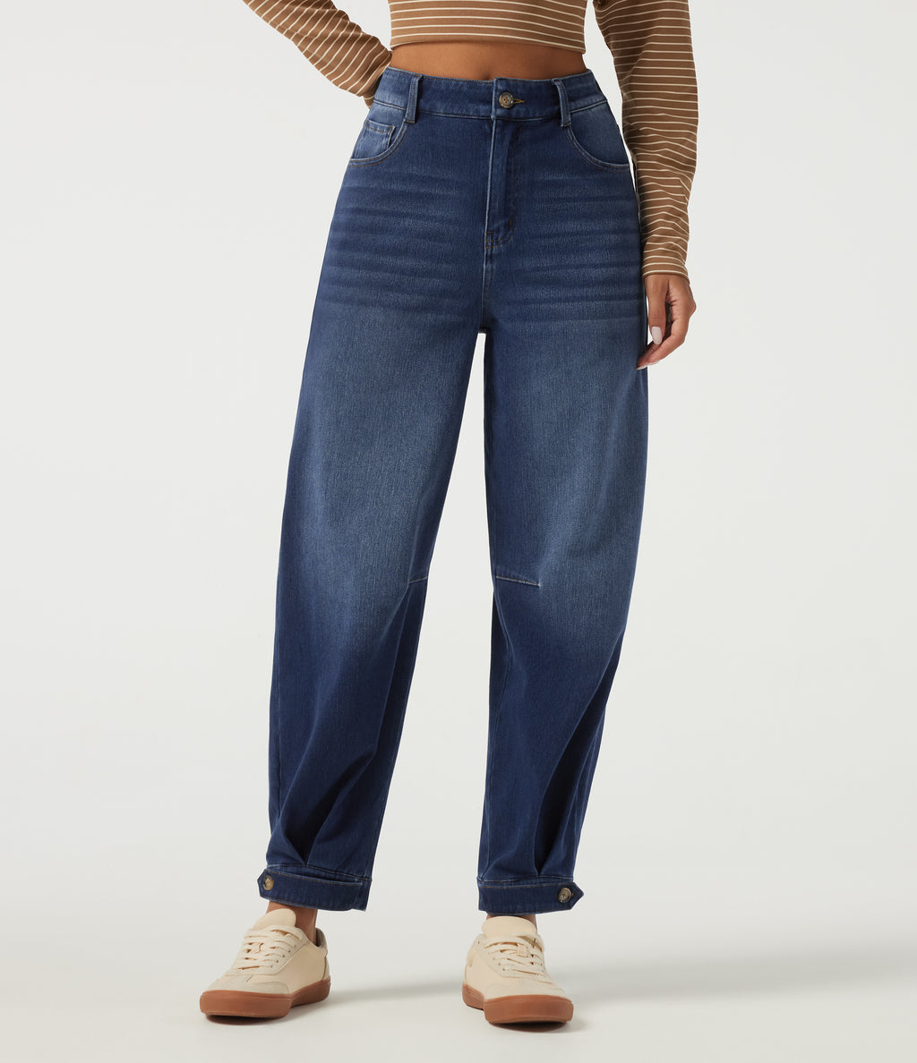 High Waisted Barrel Leg Casual Cotton Jeans with Pockets — Estate Blue Denim — view 1