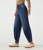 High Waisted Barrel Leg Casual Cotton Jeans with Pockets — Estate Blue Denim — view 3