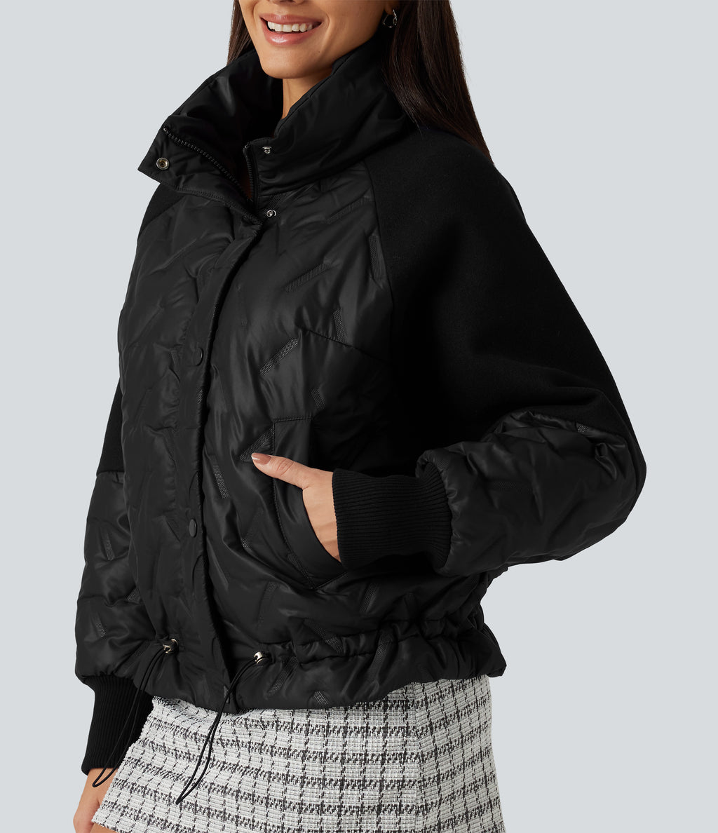 High Neck Long Sleeve Casual Padded Jacket with Pockets — Black — view 7
