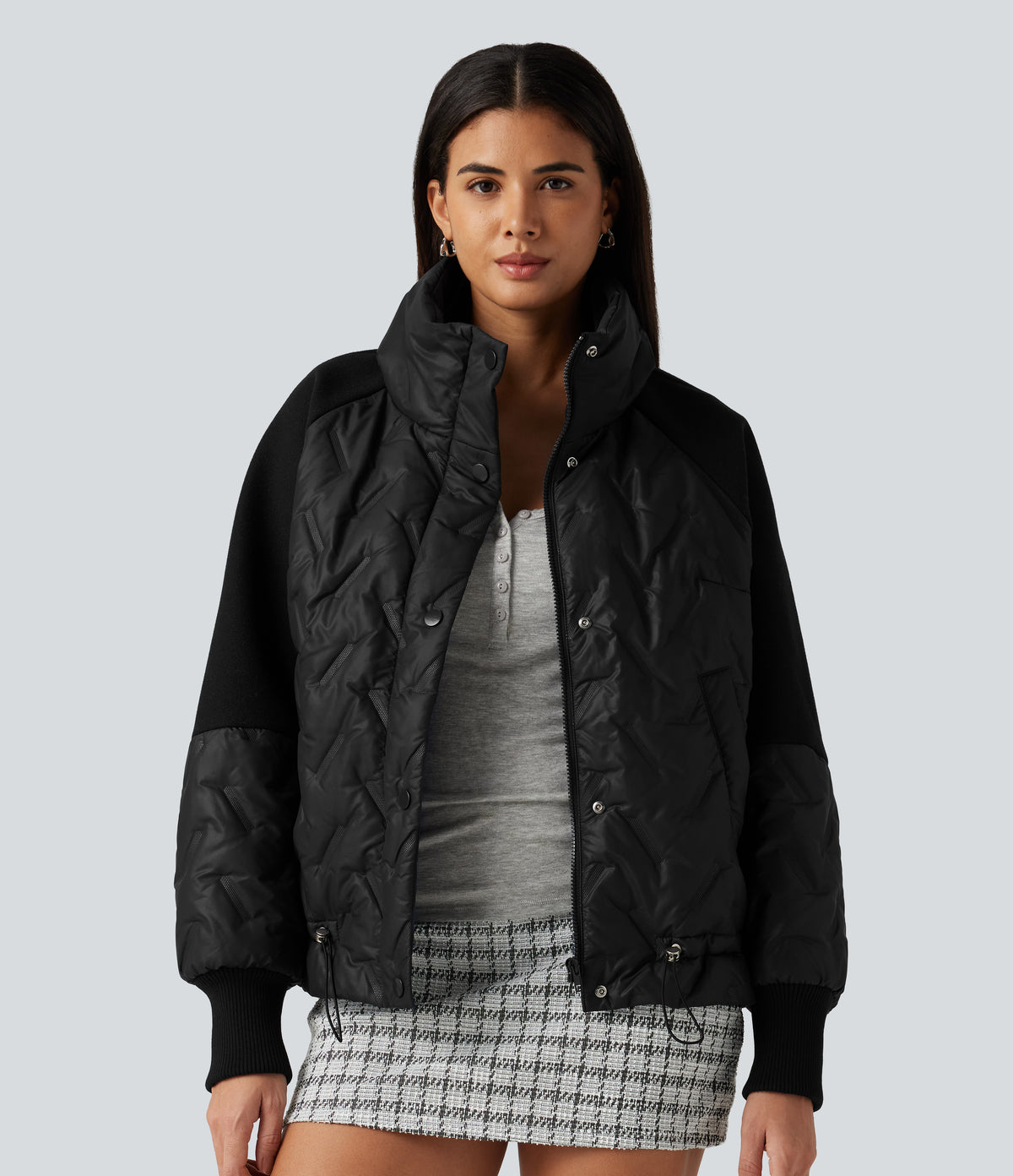 High Neck Long Sleeve Casual Padded Jacket with Pockets — Black — view 4
