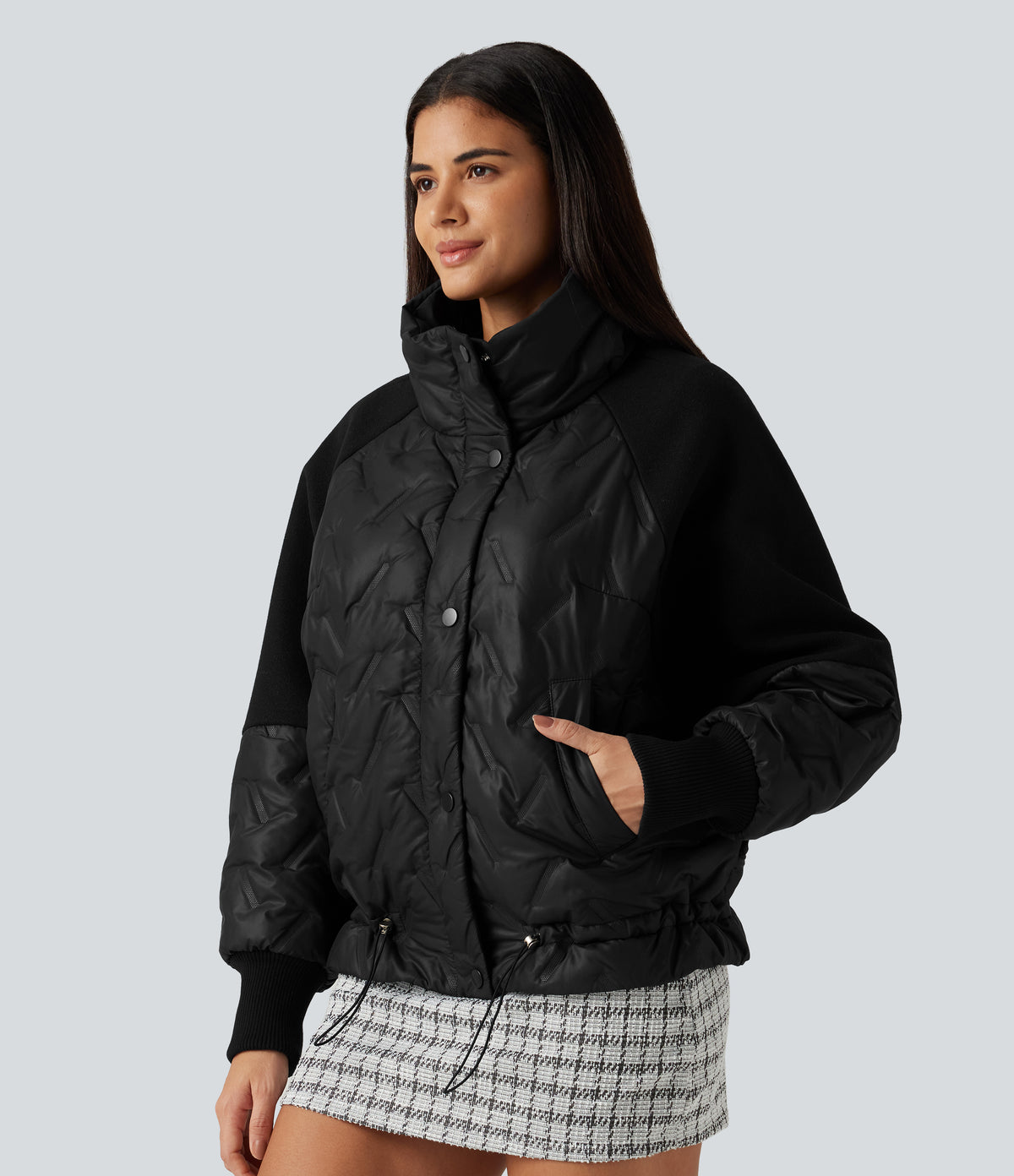 High Neck Long Sleeve Casual Padded Jacket with Pockets — Black — view 3