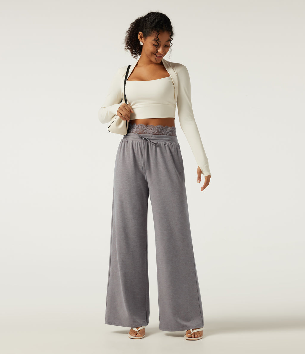 Low Rise Wide Leg Darwstring Contrast Lace Casual Sweatpants with Pockets — Mottled Earth Gray — view 7
