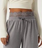 Low Rise Wide Leg Darwstring Contrast Lace Casual Sweatpants with Pockets — Mottled Earth Gray — view 4