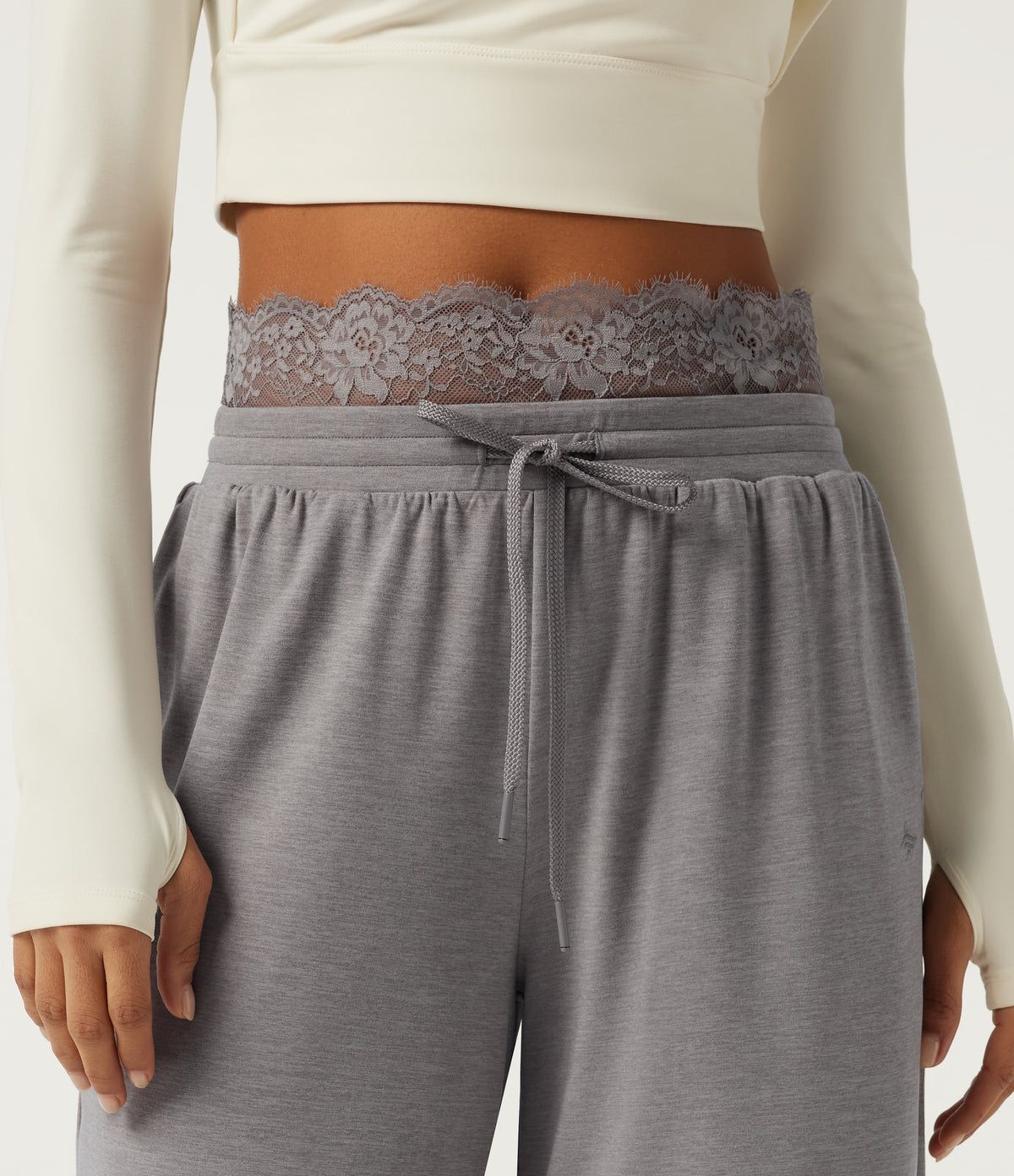 Low Rise Wide Leg Darwstring Contrast Lace Casual Sweatpants with Pockets — Mottled Earth Gray — view 4