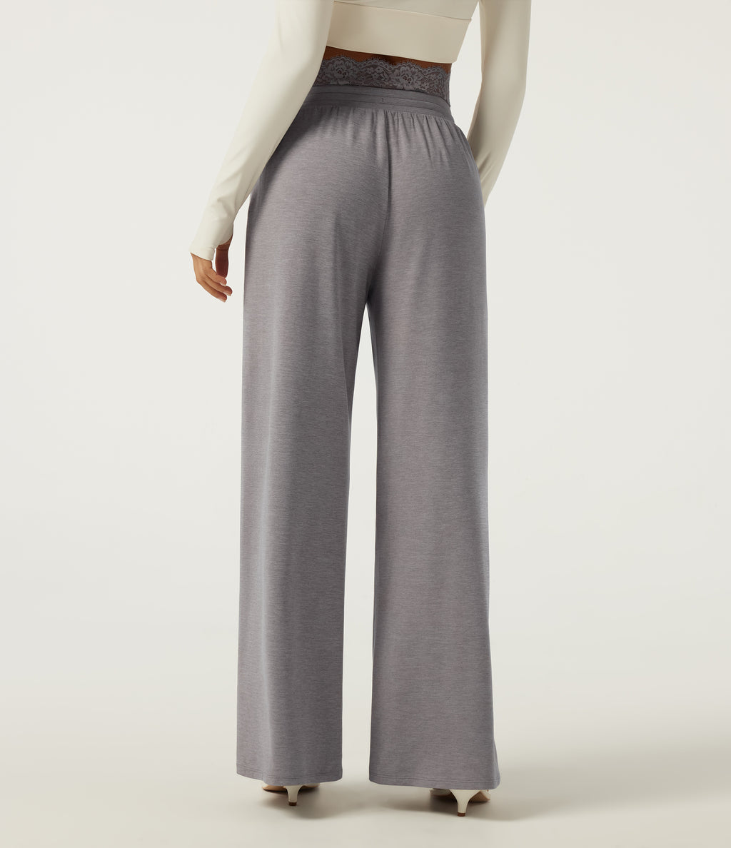Low Rise Wide Leg Darwstring Contrast Lace Casual Sweatpants with Pockets — Mottled Earth Gray — view 2